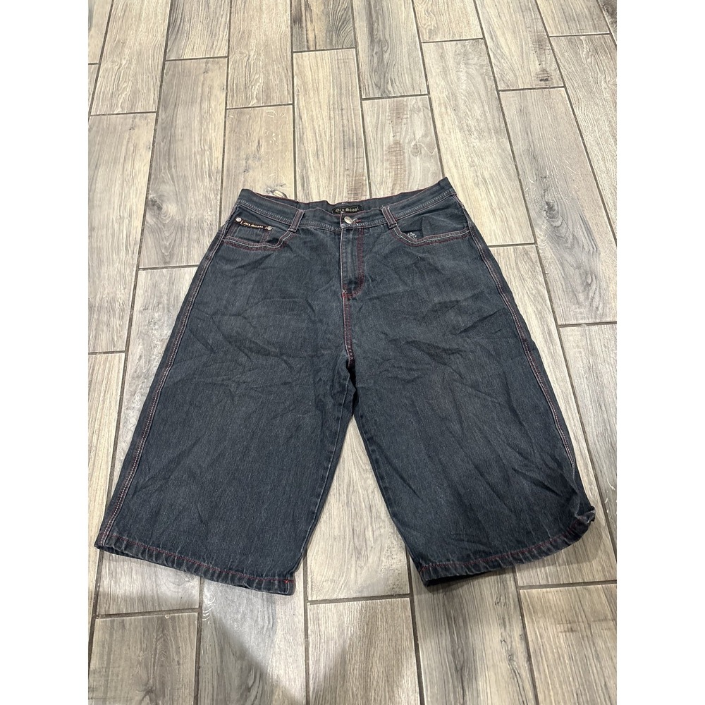 Old Skool Men's Size 38 Dark Wash Baggy Denim Shorts Red Stitching Y2K Skate